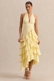 Velora Lemon Asymmetric Midi Dress With Tiered Ruffled Skirt