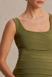 Lisbon Olive Maternity Square Neck Ruched Midi Dress