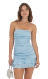Strapless Satin Ruched Bodycon Dress in Light Blue