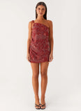 Temptational Beaded One Shoulder Mini Dress Rust