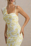 Sitara Lemon Porcelain Print Cowl Neck Maxi Dress With Asymmetric Skirt