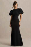 Carolina Black Puff Sleeve Maxi Dress With White Bow Detail