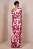 Emberly Pink Hibiscus Floral Print Asymmetric Neck Maxi Dress With Drop Waist