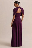 Evelisse Plum High Neck Maxi Dress With Short Cape Sleeves
