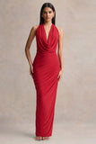 Cairo Red Cowl Neck Maxi Dress With Gathered Detailing