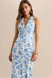 Quinn Blue Porcelain Print Plunge Neck Tailored Maxi Dress