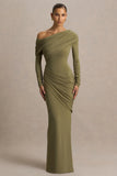 Perrie Olive Asymmetric Neck Maxi Dress With Ruched Detailing
