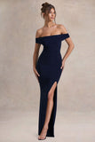 Law of Attraction Navy Bardot Draped Split Maxi Dress