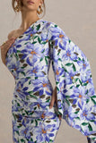 Clementina Purple Lily Print Asymmetric Cape Sleeve Maxi Dress