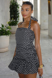 Zahra Black White Polka Dot Halter Neck Ruched Mini Dress With Ruffle Hem