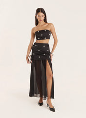 Black Embellished Mesh Hem Midi Skirt