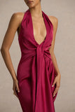 Lynette Burgundy Satin Plunge Neck Maxi Dress With Asymmetric Hem