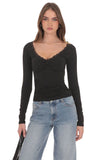 Lace Trim Long Sleeve Top in Black
