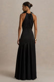 Jemima Black Satin Halter Neck Maxi Dress With Feather Trim
