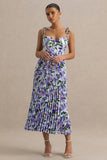 Peyton Purple Lily Print Satin Sweetheart Neck Midi Dress With Pleated Details