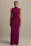 Solene Burgundy High Neck Maxi Dress With Wrap And Drape Detail