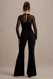 On Track Black Flared Leg Jumpsuit With Sheer Sleeves