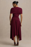 Ione Burgundy Wrapped Midi Dress With Hanky Hem