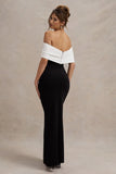 Eva Black White Bardot Bow Detail Maxi Dress With Thigh Split