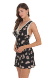Lace Floral V Neck Dress in Black