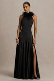 Jemima Black Satin Halter Neck Maxi Dress With Feather Trim