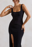 Kate Black Square Neck Maxi Dress with Plunge Back and Side Thigh Split