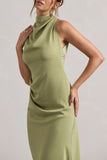 Sophina Light Olive Satin Cowl Neck Asymmetric Midi Dress