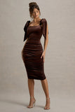 Tarna Brown Velvet Midi Dress With Bow Straps