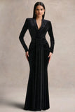Halima Black Velvet Plunge Neck Maxi Dress With Gathered Detailing