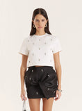 White Embellished Woven Crop T Shirt