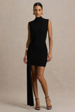 Sorenna Black High Neck Mini Dress With Wrap And Sash Detail