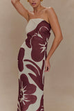 Amaya Strapless Chiffon Maxi Dress Brown Deco Fleur Print