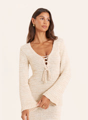 Beige Knitted Long Sleeve Tie Front Top