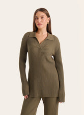Olive Knitted Long Sleeve Polo Top
