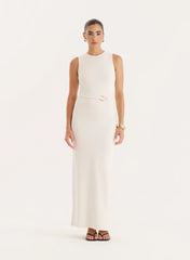 Ecru Gold Hardware Belt Detail Maxi Dress