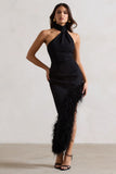 Brilliance Black Asymmetric Maxi Dress With Feather Trim