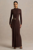 Zadie Brown High Neck Maxi Dress With Gathered Detail