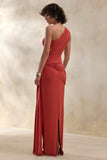 Clarosia Rust Asymmetric Neck Maxi Dress With Cut Out With Sash