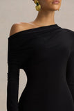 Isola Black Asymmetric Neck Midi Dress With Hanky Hem