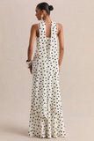 Starling White Black Polka Dot Matte Satin Plunge Neck Maxi Dress With Scarf Detail