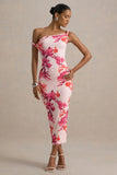 Tatian Pink and Orange Floral Print Twisted Asymmetric Midi Dress