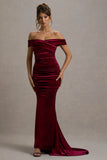Apolline Berry Velvet Off The Shoulder Ruched Fishtail Maxi Dress