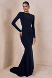 One Step Ahead Navy Long Sleeve Backless Fishtail Maxi Dress