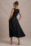 Muriel Black Boat Neck Volume Hem Midi Dress