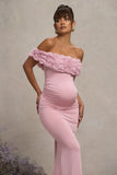 Inflorescence Blush Pink Mesh Floral Bardot Maternity Maxi Dress