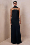 Charly Black Matte Satin Bandeau Maxi Dress With Scarf Detail