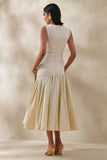 Fantasia Cream Boat Neck Midi Dress With Asymmetric Drop Waist
