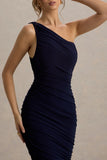 Dorit Navy One Shoulder Asymmetric Ruched Midi Dress
