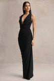 Desiree Black Plunge Neck Maxi Dress With Draped Detailing