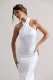 Unbeatable White Satin Cross Over Halter Neck Maxi Dress